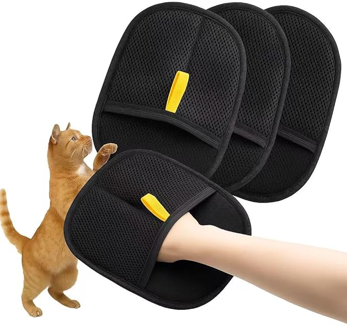 Pet Hair Removal Gloves, 3-Pack Reusable Grooming Mitts for Cats and Dogs, Hair Remover for Furniture, Carpet, Car Seats