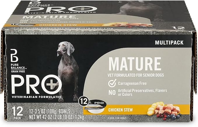Pure Balance Pro+ Chicken Stew Wet Dog Food for Mature Pets, Grain Free, 3.5 oz Cups - High-Protein Formula, Real Chicken, Senior Dog Food, Supports Healthy Skin & Coat (12 Cups of 3.5 oz)