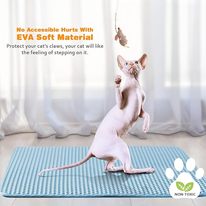 Waterproof Cat Litter Mat, Double Layer EVA, Odor-Free Large Grid, Urine Proof, Easy Cleanup 22 x 30, Blue