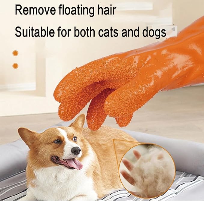 YOFANG Newly Pet Grooming Gloves for Washing Dogs & Cats, 4-in-1 Long Bathing Massage Hair Remover Brush, Anti-Slip Bite-Proof for Cat,Deshedding Glove with Soft 3500+ Particles, Orange-14
