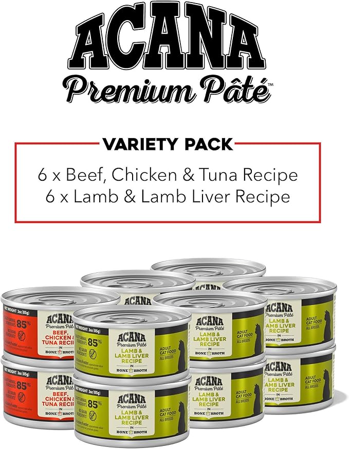 ACANA Premium Pate Wet Cat Food in Bone Broth Variety Pack: Beef Chicken & Tuna + Lamb 3oz Cans (12 Count, 6 of Each)