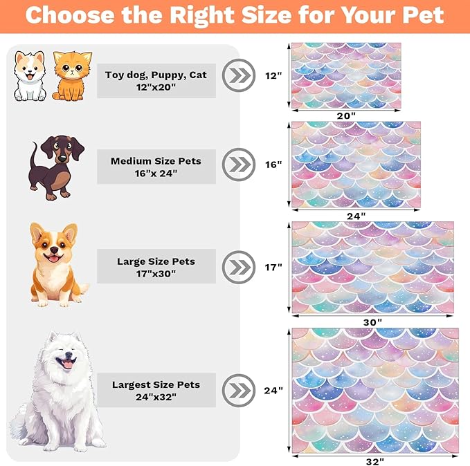 Mermaid Scale Dog Food Mat for Floors Absorbent Dog Bowl Mat for Food and Water Dispenser Quick Dry Cat Food Placemat Pet Supplies 24" x 32", Pink Purple Glitter