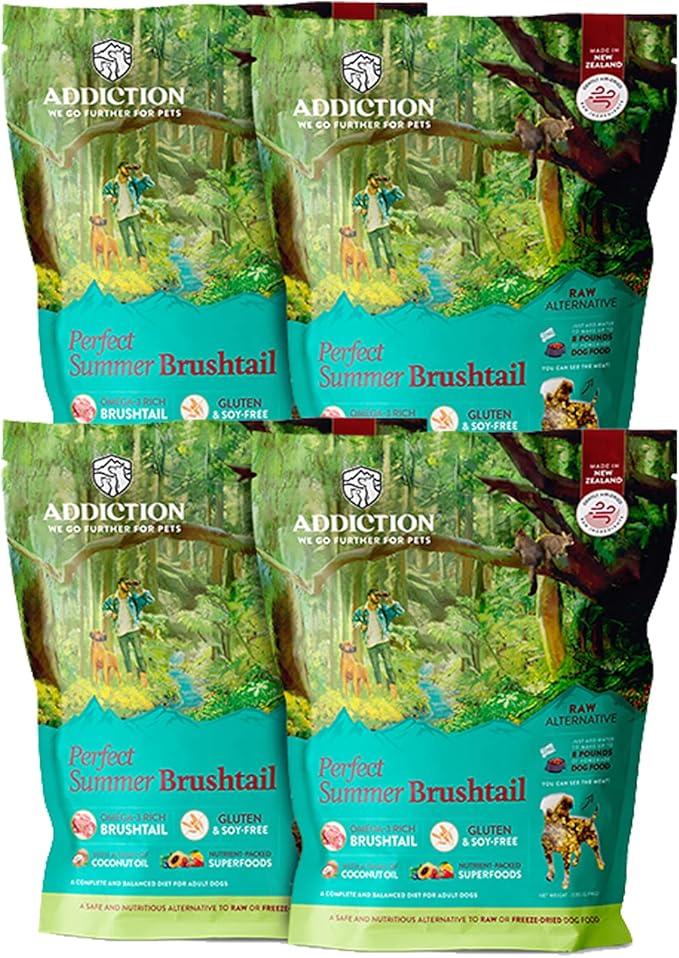 Addiction Perfect Summer Brushtail Air-Dried Grain-Free Dog Food – Complete Meal or Topper with Natural Ingredients for Digestive and Skin & Coat Health, 2lb - 4 Packs
