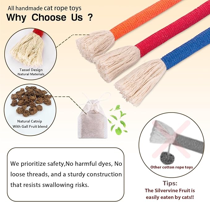 Retro Shaw Cat Chew Toys, 3-Pack Durable Rope Toys with Refillable Organic Catnip, Safe Dental Cleaning Interactive Toy for Indoor Cats & Kittens, 23.6 Inches