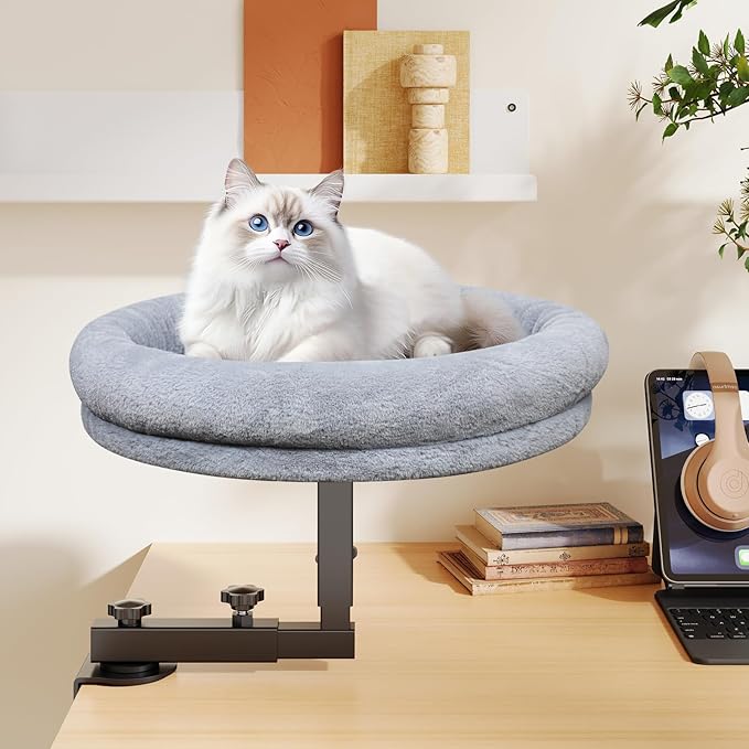 Large Cat Desk Bed, 360°Rotating & Adjustable Shelf, 18" Thickening Cat Bed for Desk, Soft Faux Fur with Mat, Suitable for Various Desktops - Maximum Hold Up to 50lb (Dark Gray)