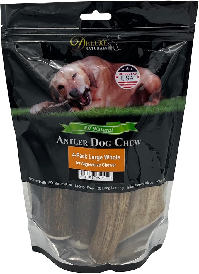 4-Pack Large Whole Elk Antler Dog Chews, 6 to 9+ Inch Natural Long-Lasting Chew Bones for Medium and Large Dogs 30–80 lbs, Aggressive Chewers, Teeth Cleaning