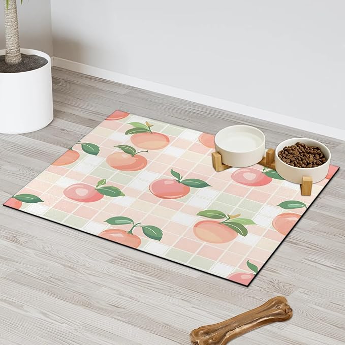 Peach Dog Food Mat for Floors Absorbent Dog Bowl Mat for Food and Water Dispenser Quick Dry Cat Food Placemat Pet Supplies 12" x 20", Buffalo Check Plaid