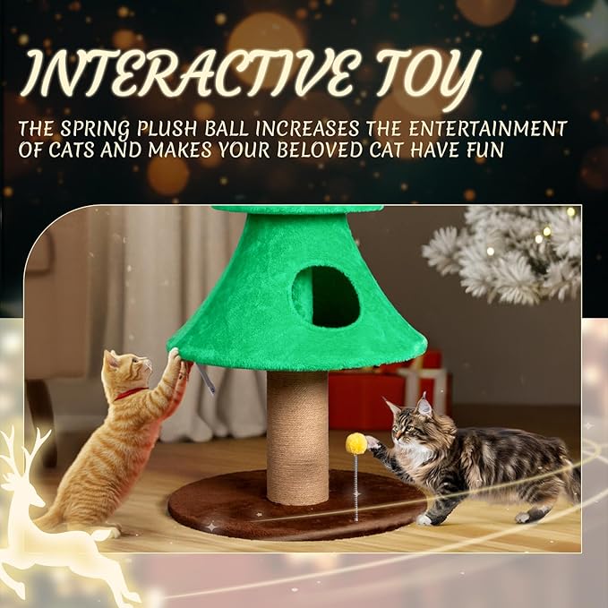 Outvita 59in Large Tall Christmas Tree Cat Tower with 2 Cat Condos & Scratching Post, Soft Fleece Cat Tree with Teaser Toy & Sturdy Base & Built-in Openings for Indoor Cats, Green