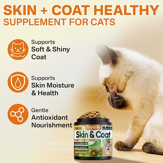 Cat Skin & Coat + Probiotics - 500 Chews Crunchy & Creamy Cheese Core with Omega-3, Vitamins C & E, Biotin for Skin Hydration - Coat Shine, Digestive & Immune Support for All Cats