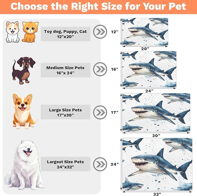 Nautical Sharks Dog Food Mat for Floors Absorbent Dog Bowl Mat for Food and Water Dispenser Quick Dry Cat Food Placemat Pet Supplies 12" x 20", Ocean Sea