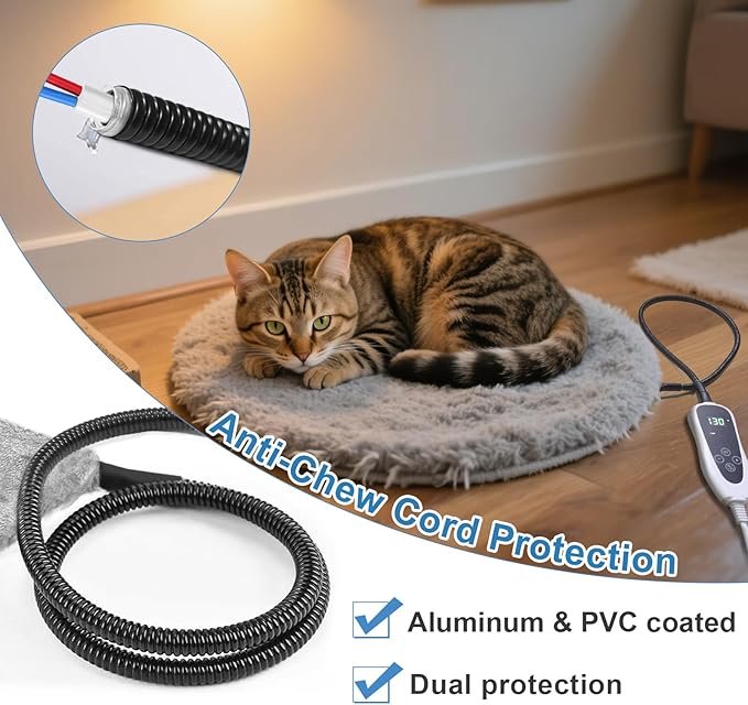 Cat Heating Pad 17 x 13 in with Smart Thermostat Switch and Power Line Protection Tube,Obtained MET and UL Dual Certification,Waterproof Pet Heating Pad for Cats, with Long Velvet Cloth Cover