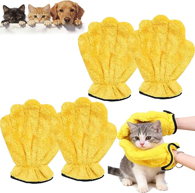 2026 New Corals Fleece Pet Grooming Gloves, Soft Cat Bathing Mitts, Gentle Absorbent Towel Gloves, Reusable and Lightweight, Quickly Drying Dogs Cats (Yellow, 4pcs)