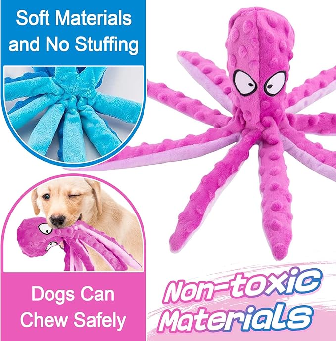 Alphatool Squeaky Dog Toys - 2pcs No Stuffing Octopus Soft Plush Crinkle Toys to Keep Them Busy, Interactive Essentials for Small Medium Pets Dogs Gifts, Blue & Purple