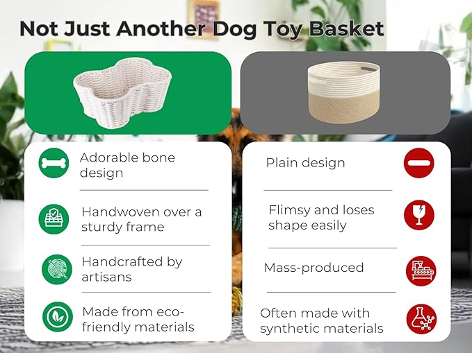Dog Toy Basket, Handmade Dog Toy Bin, Bone Shaped Pet Organizer, Cat Storage Box (Cotton Rope, 17x13in)