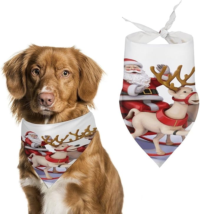 Dog Bandana Spring Pet Scarf Adjustable Triangle Santa Claus Reindeer Sled Printing Dog Bib Washable Polyester Puppy Bandana for Small Medium Large Dogs Cat Birthday Party Supplies