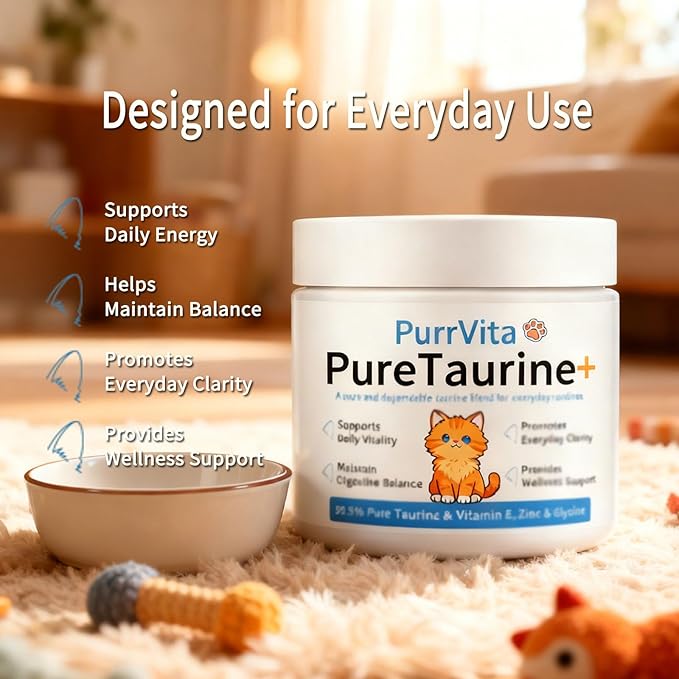 PurrVita Taurine for Cats, Taurine Powder Supplement with Vitamin E & Zinc Glycine for Feline Energy & Wellness (Unflavored)
