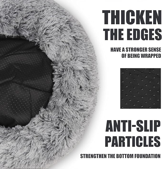Round Plush Hooded Cat Bed - Cozy Fluffy Cave for Indoor Cats & Small Dogs, Anti-Anxiety Doughnut Design, Waterproof & Washable Base