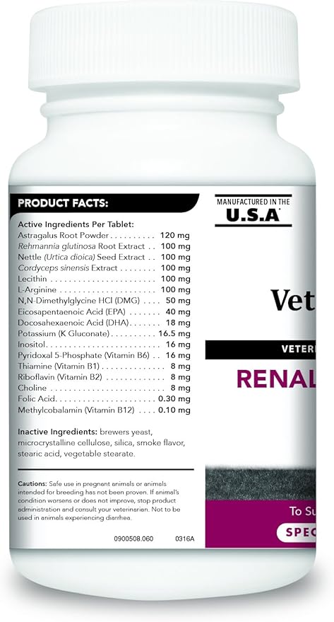 VetriScience Kidney Health Chewable Tablets, Renal Essentials Supplement for Dogs, Urinary Tract and Kidney Support with Mushroom, Astragalus Root, Nettle Seed and Herbs, Smoke, 60 Count