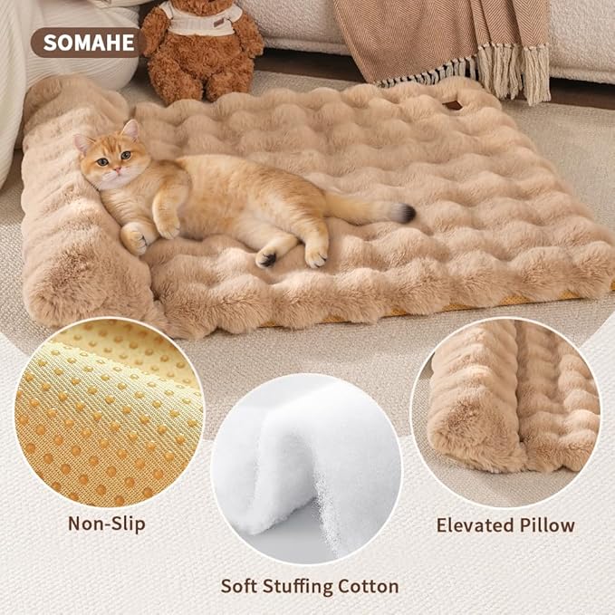 Plush Faux Fur Pet Bed Mat with Non-Slip Bottom, Self-Warming Cat Bed, Washable Pet Bed with Pillow for Cats & Medium Dogs, Machine Washable, 27x20 Inch, White