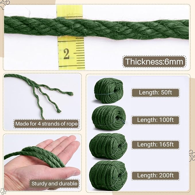 Sisal Rope for Cat Scratcher 1/4" 166 Ft Cat Tree Rope Twine for Repairing Cat Scratching Post Replacement DIY Hemp Rope for Carpet Mat, Pet Toy, and Crafts Gardening Home Decorating (Green)