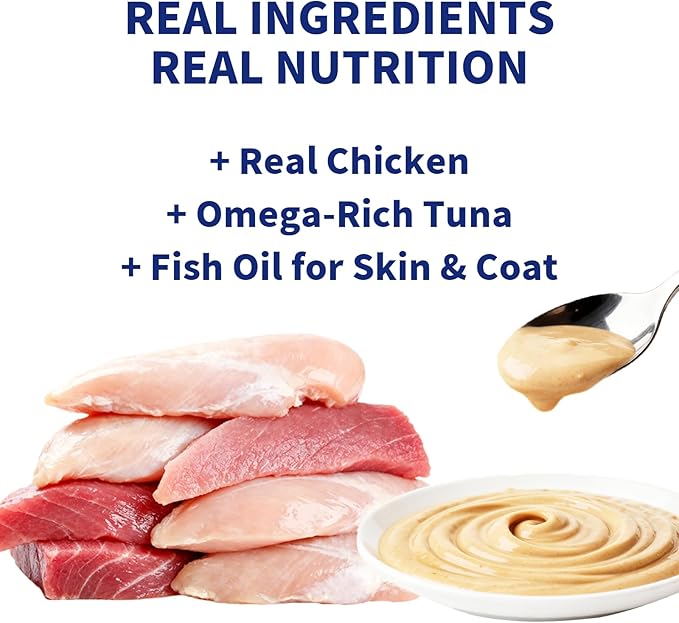 Squeezable Functional Cat Treat & Meal Topper – Chicken & Tuna with Fish Oil – Hairball & Digestive Support with Prebiotic Fiber – Grain-Free, 7 Pouches (2.8 oz Each / 19.7 oz Total)