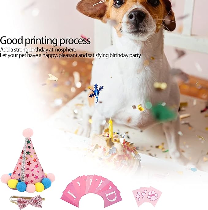 Dog Birthday Hat and Bow Tie Set, Adjustable Soft Pet Birthday Party Supplies with Banner for Small Medium Dogs, Washable Polyester Cotton Decorations for Photo Shoots (Pink)