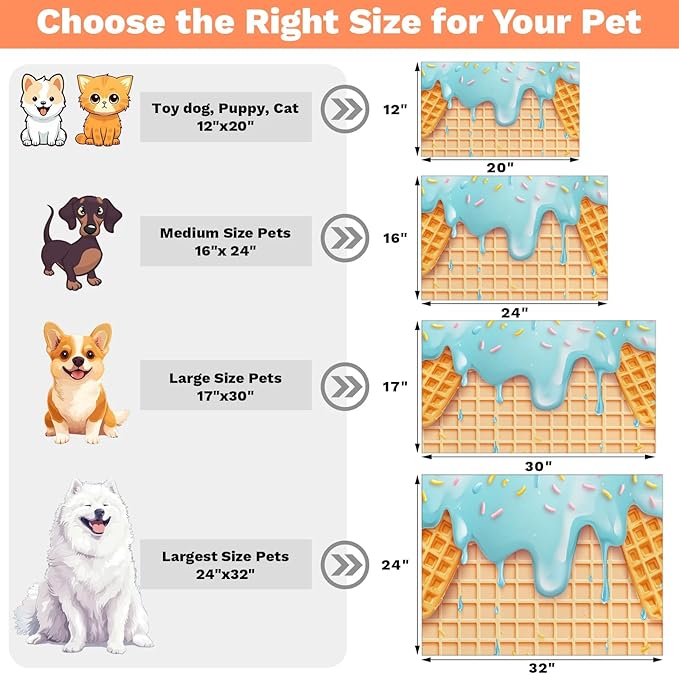 Ice Cream Dog Food Mat for Floors Absorbent Dog Bowl Mat for Food and Water Dispenser Quick Dry Cat Food Placemat Pet Supplies 16" x 24", Waffle