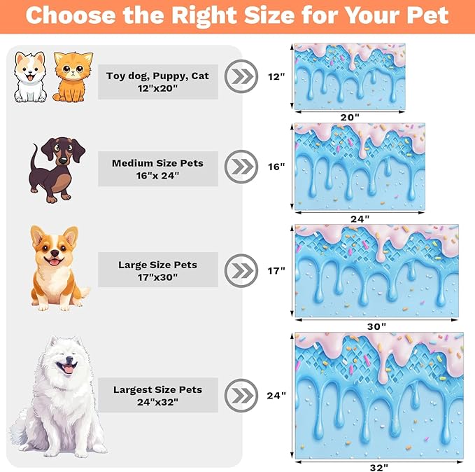 Ice Cream Dog Food Mat for Floors Absorbent Dog Bowl Mat for Food and Water Dispenser Quick Dry Cat Food Placemat Pet Supplies 12" x 20", Colorful Candy