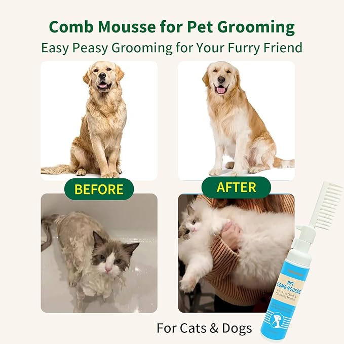 2-in-1 Pet Grooming Kit, Gentle Comb and Waterless Cleaning Mousse for Dogs and Cats, No-Rinse Foam for Fresh-Smelling, Soft, Tangle-Free Coats