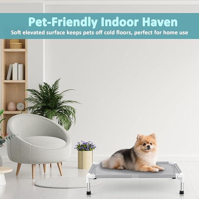 Elevated Dog Bed with Teslin Cooling Fabric - Lightweight Dog Cot for Small/Medium Dogs, Waterproof & Washable Breathable Mesh, Raised Pet Bed for Indoor Outdoor Use, Anti-Slip, Easy to Clean