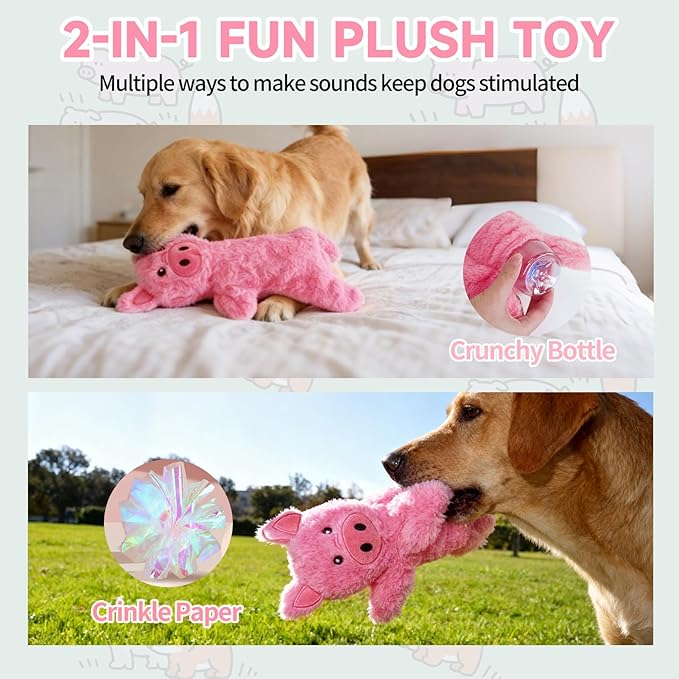 Mihachi No Stuffing Crinkle Dog Toys,2-in-1 Holds Water Bottles-Cruncher with Puncture Resistant Squeaker, Dog Squeak Toys Plush Dogs Chew Toy for Small Medium Large Breed Chewer, Pig