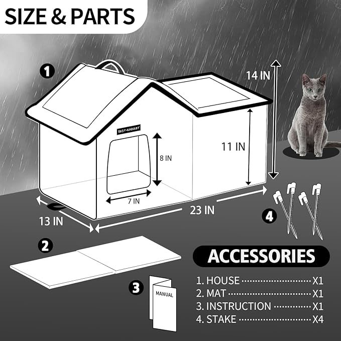 Rest-Eazzzy Cat House for Outdoor Cats, Weatherproof and Insulated Feral Cat House with Mat and Clip, Easy to Put Together, Selfwarming Cat Shelter for Winter(Green, Waterproof House-S)