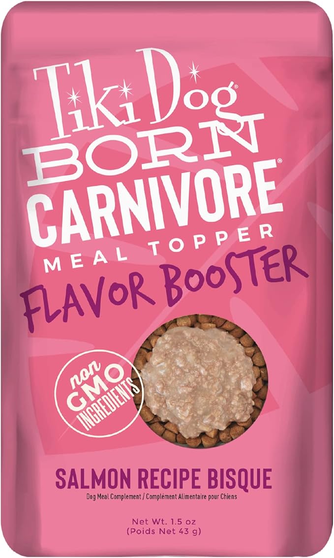 Tiki Dog Born Carnivore Flavor Booster, Salmon Recipe Bisque, Grain Free Meat Based Treat, Meal Topper for All Dog Breeds and All Life Stages, 1.5 oz. Pouch, 12 Count