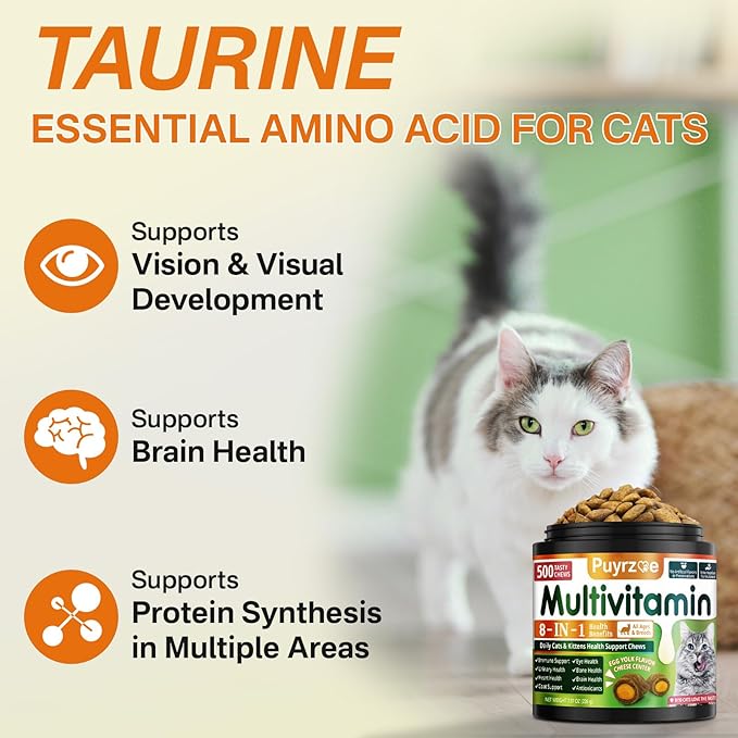 Cat Probiotics + Multivitamin– 500 Chews Crunchy & Creamy Cheese Core with 8-in-1 Support for Immune - Skin & Coat, Digestion, Heart, Bone, and Brain Health for All Cats
