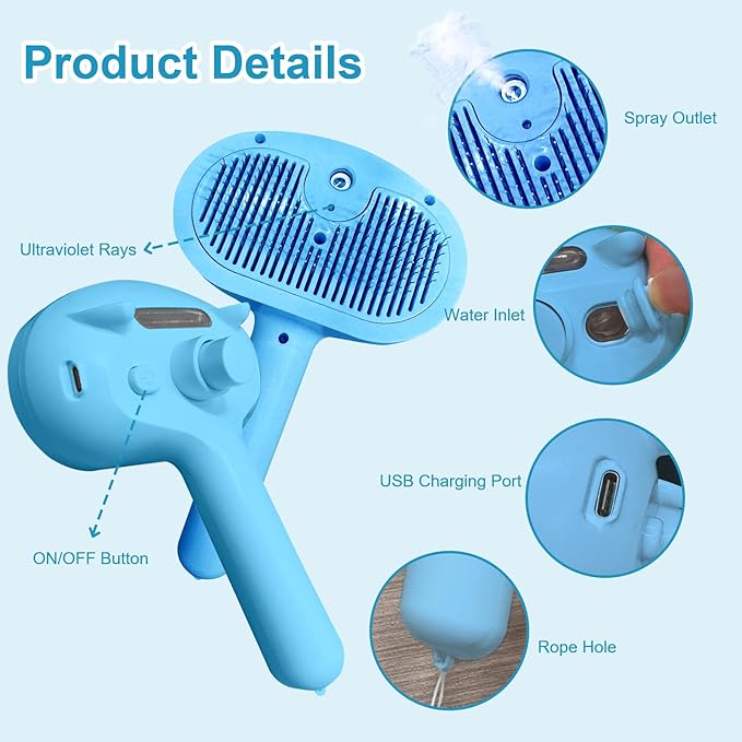 Cat & Dog Brush Set - Indoor/Outdoor Steam Brushes for Shedding Pets - Blue