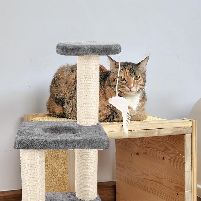 BESTonZON Multi-Layer Sisal Cat Scratcher with Mouse Three-Tier Sturdy Kitten Climbing Tower Gray Cat Scratch Post for Indoor and Daily Use