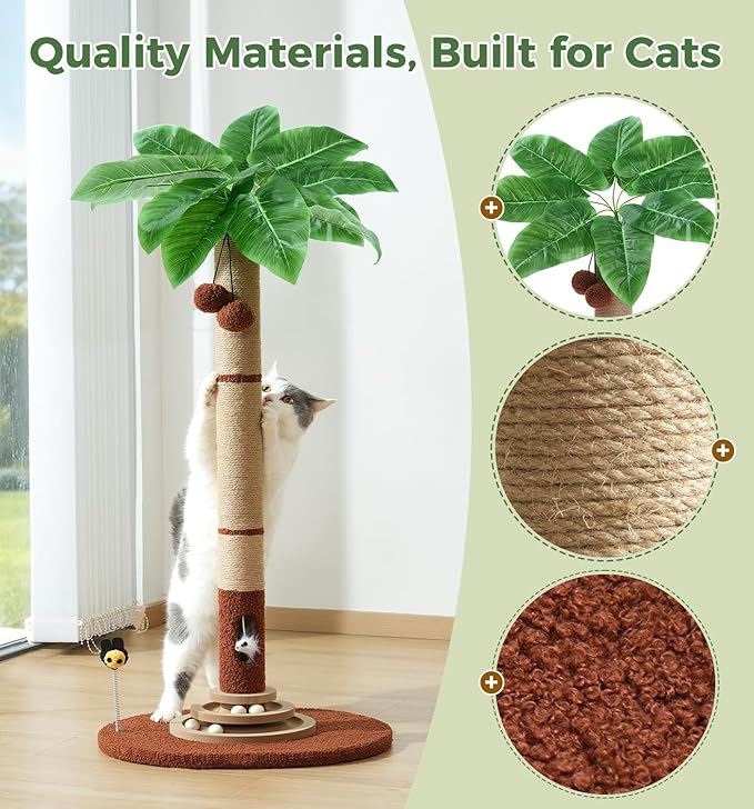 Made4Pets 27" Tall Cat Scratching Post with Sisal Rope, Interactive Hanging Balls, Toy Mouse and Two-Layer Ball Track Kitten Toys, Palm Tree Cat Scratcher Tower for Indoor Cats and Kittens