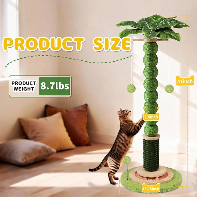41'' Tall Cat Scratching Post,3.8'' Diameter Sisal Rope Scratcher Ball with Wood Interactive Ball Toy for Indoor Large Cats,Scratcher with 360° Rotating Hanging Ball,Self Groomer Brush for All Cats