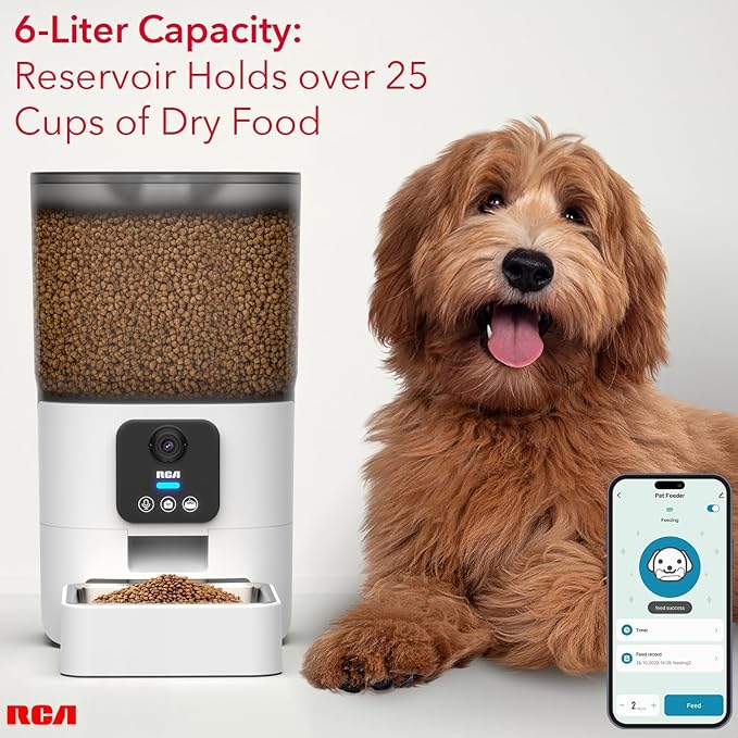 RCA Cat & Dog Pet Feeder with HD 1080p Camera, Real-Time Two-Way Audio, Monitoring, Motion Detection, Night Vision, Compatible with Alexa & Google Assistant - 6L Capacity, Dishwasher Safe Bowls