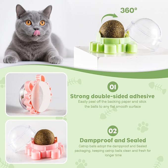 Catnip Balls for Cats - 4 Pack Wall-Mounted 360° Spinner Chew Toys, Freshens Teeth & Reduces Boredom, Natural Catnip Filled