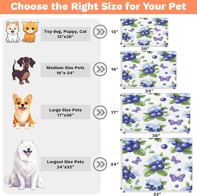 Blueberry Fruit Dog Food Mat for Floors Absorbent Dog Bowl Mat for Food and Water Dispenser Quick Dry Cat Food Placemat Pet Supplies 17" x 30", Green Leave