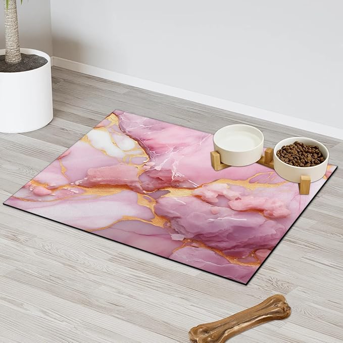 Pink Marble Dog Food Mat for Floors Absorbent, Quick Dry Water Dispenser Mat for Food, Water, Pet Supplies 12" x 20", Gold Marble