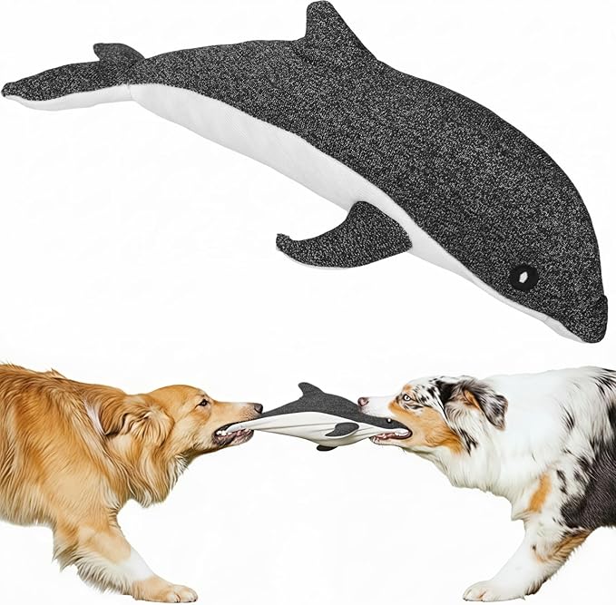 Indestructible Dog Toy for Aggressive Chewers, Durable UHMWPE Fabric Chew Toy with Squeaky, Plush Companion for Small Medium Large Dogs - Dolphin