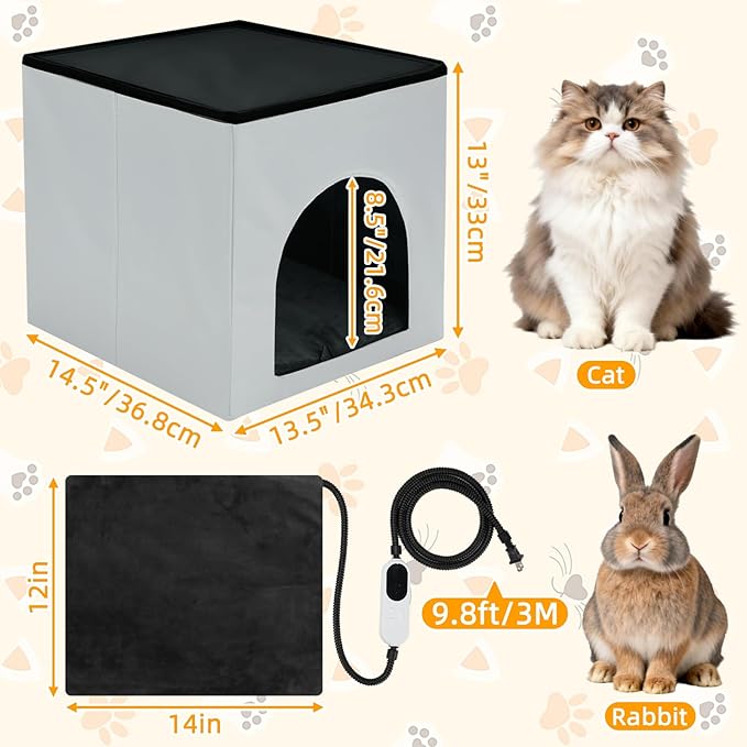 Heated Cat House, Heating Cat Houses for Indoor Outdoor Kitty with Heating Pad, Foldable Heated Kitty House Cat Shelter for Your Pet to Stay Warm and Cozy