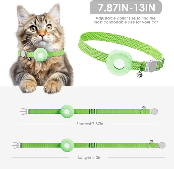 Smart Cat GPS Tracker, Cat Tracker Collar with Safety Elastic Buckle, Compatible with Apple Find My App (Only iOS), No Monthly Fee, Waterproof (White Tracker, Green Cat Collar)