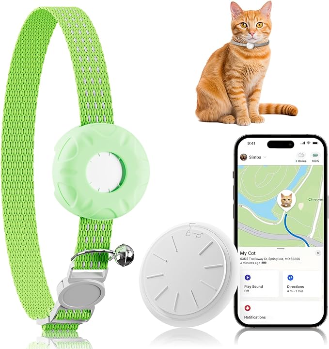Smart Cat GPS Tracker, Cat Tracker Collar with Safety Elastic Buckle, Compatible with Apple Find My App (Only iOS), No Monthly Fee, Waterproof (White Tracker, Green Cat Collar)