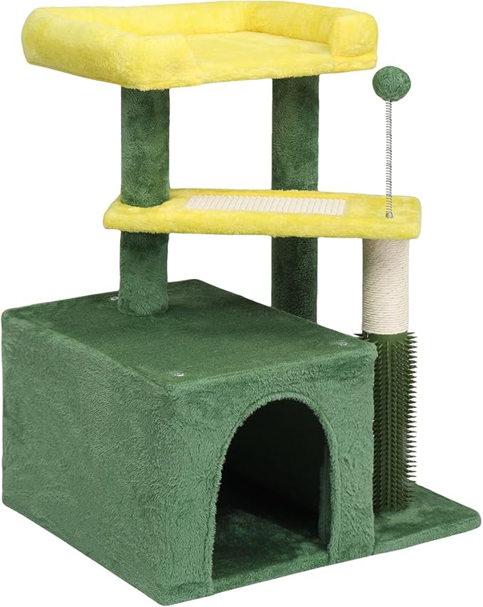 27.5in Plush Cat Tree, Multi-Level Cat Tower with Scratching Post and Pad, Cozy Condo & Padded Perch, Dangling Ball for Kittens and Indoor Cats, Compact Cat Furniture for Small Spaces (Yellow & Green)