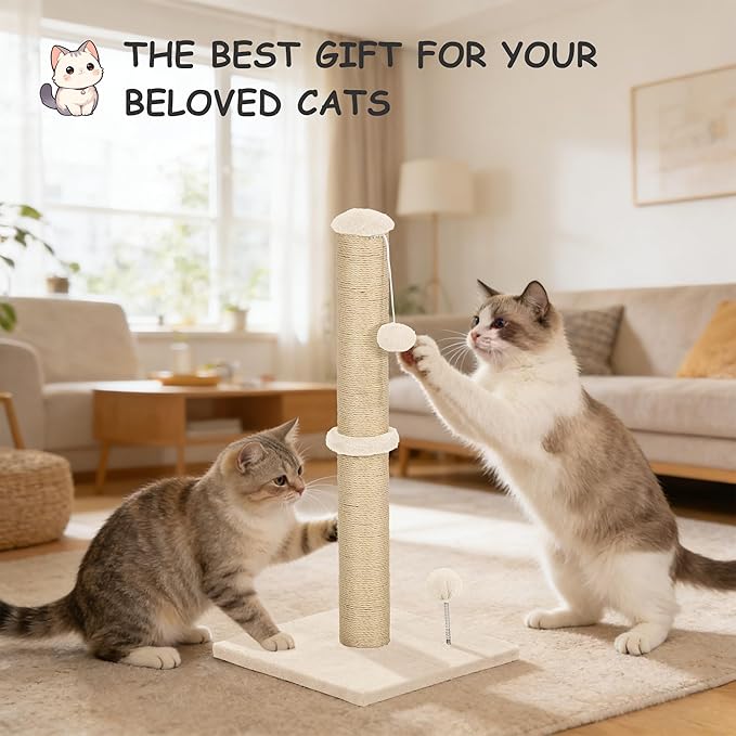 22 Inch Cat Scratching Post Cat Scratcher, Natural Sisal Rope Scratch Post Trees with Hanging Ball for Indoor Kittens