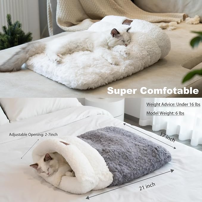 Cat Sleeping Bag 4 in 1 Cute Self Warming Cat Bed Cave with Plush Portable Snuggle Sack/Hideway for Indoor Cats & Small Pets White 21×17 Inch