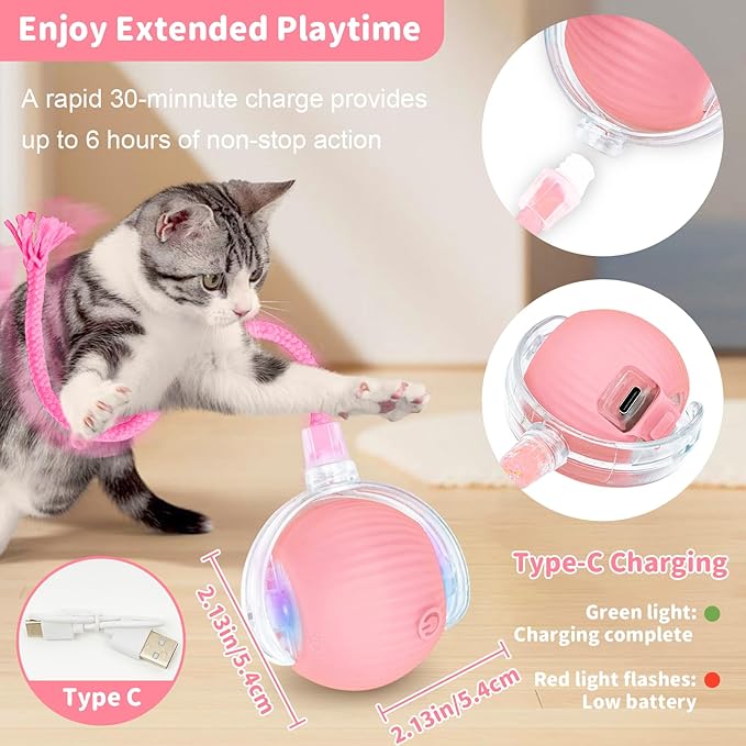 Interactive Cat Toys for Indoor Cats Smart Automatic Ball Rolling for Bored Kitten Pet Upgraded Speedy Moving Chase Dogs Toy Valentine's Day Gift Pink